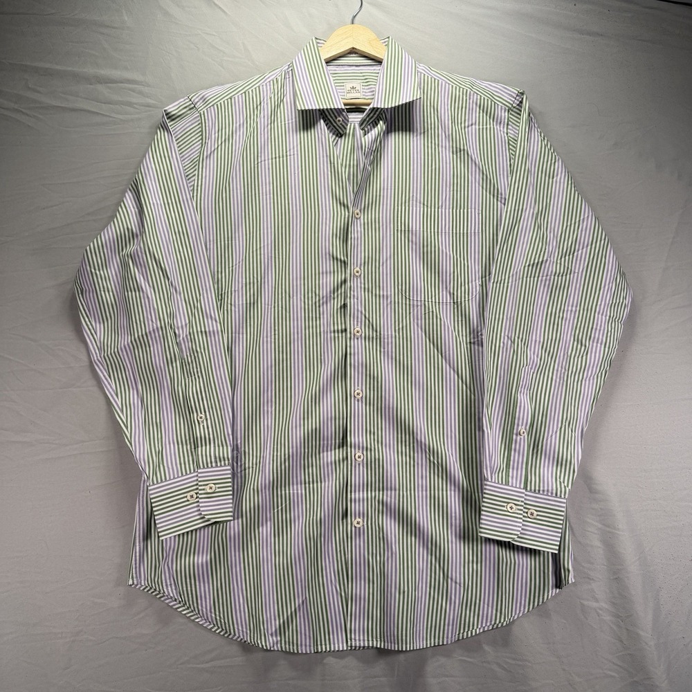 Peter Millar Button Up Shirt Mens Large Green Purple Striped Long Sleeve Preppy